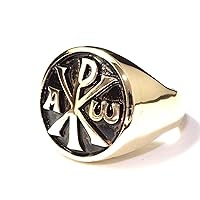 Master Product, BRASS Chi Rho Alpha and Omega Signet Brass Ring Chi Rho Brass Ring Black Oxidation
