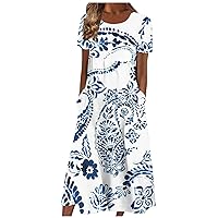 Bodycon Dresses for Women, Long Sleeve Maxi Dress Hawaiian Dress Ladies Dress Pleated Basic Round Neck 2024 Short-Sleeve Midi Loose Daily Women's Dresses Classic with Pocket Red