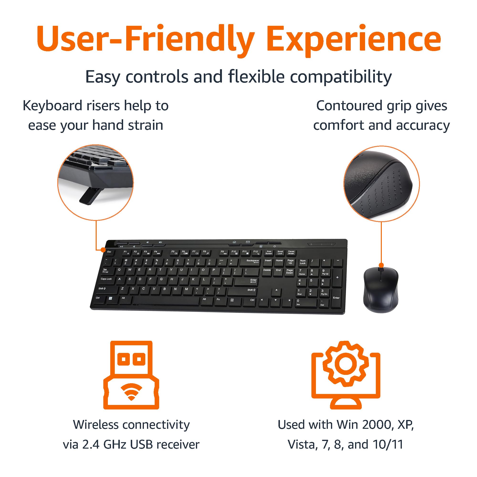 Amazon Basics Full-Sized Wireless Keyboard & Mouse Combo, 2.4 GHz USB Receiver, QWERTY Layout, Black