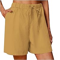 Cotton Linen Shorts for Women Drawstring Shorts with Pocket Summer Elastic Waist Casual Lightweight Wide Leg Shorts