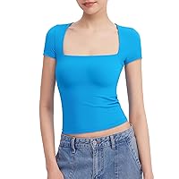 PUMIEY Women's Square Neck Going Out Tops Sexy Slim Fit Short Sleeve T Shirts Smoke Cloud Pro Collection