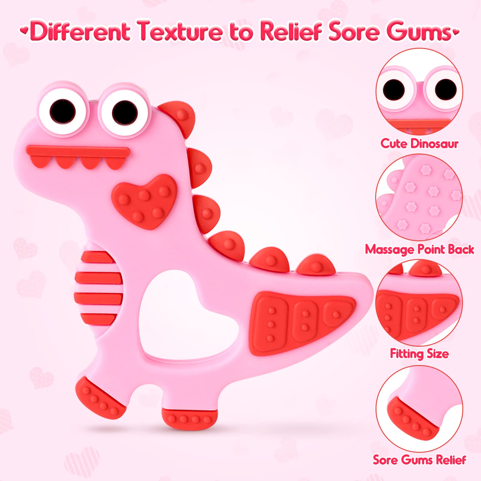NPET Pink Dinosaur Teething Toys for Babies 0-6/6-12 Months Silicone Baby Teething Toy Gift Girls Boys Baby Valentines Day Gift Infant Toys Chocking-Prove Design Gum Massager Baby Toy Birthday Gifts