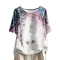 Cotton Linen Summer Tops for Women Casual Floral Short Sleeve T-Shirt Lightweight Crewneck Blouse Tee Plus Size Shirt