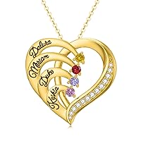 MRENITE 10K/14K/18K Solid Gold Personalized Mom Necklace with 1-4 Birthstone Customized Name Heart Necklace Engraved Names for Mom Wife