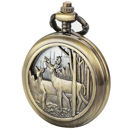 SIBOSUN Pocket Watch Chain Quartz Movement Arabic Numerals Half Hunter Smooth Back Case Bronze Vintage Box