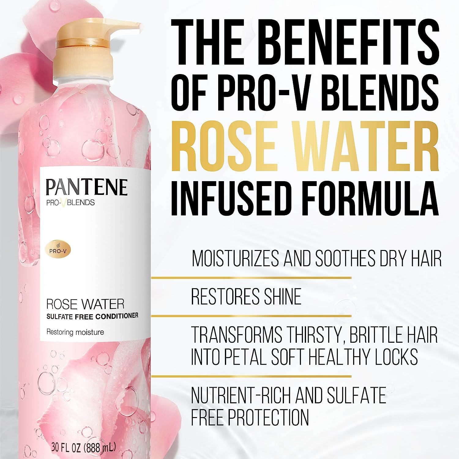 Pantene Rose Water Conditioner, Soothes, Replenishes Hydration, Safe for Color Treated Hair, Nutrient Infused with Vitamin B5 and Antioxidants, Pro-V Blends, 30.0 oz