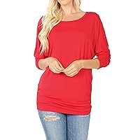 Women's Boat Neck Ruched Shirred Side 3/4 Dolman Sleeve Blouse Top