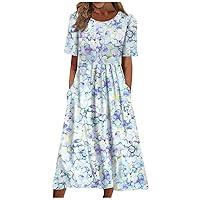 Dresses for Women 2024 Summer Casual Fashion Flower Printed Short Sleeve Round Neck Dress with Pocket