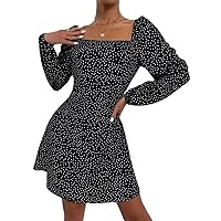 Women's Dress Dresses for Women Polka Dot Lantern Sleeve Square Neck Dress Dress (Color : Black, Size : Medium)
