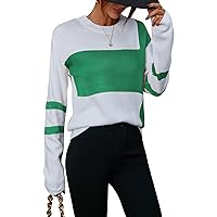 Alsol Lamesa Women's Pullover Sweaters Color Block Crew Neck Long Sleeve Casual Knit Sweater
