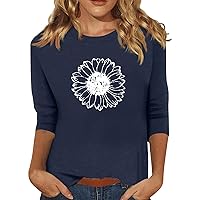 3/4 Length Sleeve Womens Tops, Women's Fashion Casual 3/4 Split Sleeve Small Printed Round Neck Top