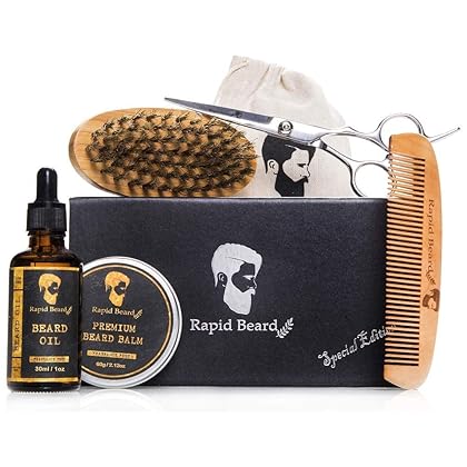 Beard Grooming & Trimming Kit for Men Care - Beard Brush, Beard Comb, Unscented Beard Oil Leave in Conditioner, Mustache & Beard Balm Butter Wax Growth, Styling Scissors - Stocking Stuffers Gift set