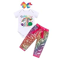 IMEKIS Toddler Baby Girls Melon Birthday Outfit Rainbow Romper Shirt + Shiny Long Pants + Headband Kids Cake Smash 1-5T