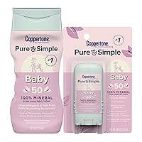 Coppertone Pure and Simple Baby Sunscreen Lotion SPF 50, Broad Spectrum Sunscreen for Baby + 6 Fl Oz Bottle and Pure and Simple Baby Sunscreen Stick, 0.49 Oz Bundle