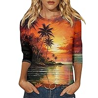 Women's Hawaiian Print 3/4 Sleeve Crew Neck T-Shirt - Fashion Tee for Summer, Tropical Inspired Graphic Design