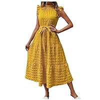 Sundresses for Women 2024, Women's Casual Feather Print V Neck Sleeveless Retro Long Dress Vacation, S, XXL
