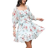 EXLURA Womens Floral Ruffle Sun Dress Sundress Tiered Square Neck Long Sleeve Off Shoulder Smocked Skater Mini Dress