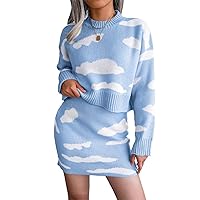 Kissonic Women's 2 Piece Sweatsuit Cloud Print Crewneck Knit Pullover Sweater Skirt Set(Blue-L)