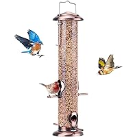 Kingsyard Metal Bird Feeders for Outdoors Hanging, Extra Thick Tube Bird Feeder w/Steel Hanger & 4-Port, 15 inch, Chew-Proof, Weather and Water Resistant, Antique Copper