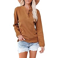 Women's V-Neck Solid Color Long Sleeve Top Ribbed Button Down Knit Fitted Tops Casual Blouses Stand Collar Tops