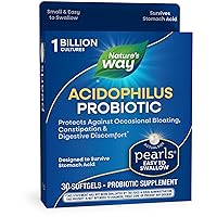 Nature's Way Acidophilus Probiotic Pearls, Supports Digestive Balance*, Protects Against Occasional Constipation and Bloating*, 1 Billion Live Cultures, 30 Softgels (Packaging May Vary)