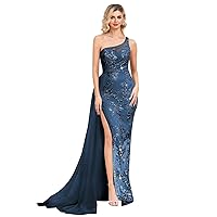 Sequin Mermaid Prom Dresses Long One Shoulder Evening Gowns Split Formal Dress with Train