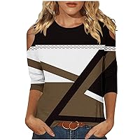 3/4 Sleeve Tops Women Crewneck Cute Shirts Casual Geometry Print Trendy Top Three Guarter Length T Shirt Summer Pullover