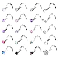 ADRAMATA 20 Pcs 20G Nose Rings Surgical Stainless Steel Nose Stud Set Diamond Opal CZ Nostril Piercing Jewelry for Women Men Screw/Straight/L Shaped Nose Studs Multicolor