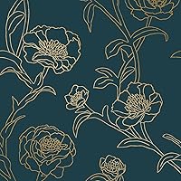 Tempaper Peacock Blue & Metallic Gold Peonies Removable Peel and Stick Floral Wallpaper, 20.5 in X 16.5 ft, Made in the USA