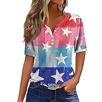 Women's T Shirt Tee Independence Day Print Button Short Vacation Trendy V Neck Boho Short Sleeve Shirts