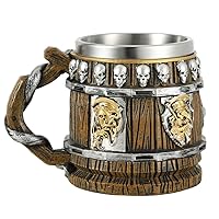 Viking Beer Mug, 450ml Vintage Skull Snake Beer Stein Tankard with Handle, Stainless Steel Beer Cup Coffee Mug for Viking Collecters Lovers Decoration, Brass