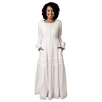 Women's Modest White Full Length Long Sleeve Cotton Special Occasion Dress with Button Down Front