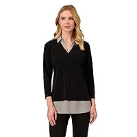 Adrianna Papell Women's Print 3/4 Sleeve Open V-Neck Knit Twofer