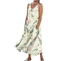 Sundresses for Women Summer Dress Trendy Sleeveless Crewneck Loose Maxi Dress Casual Flowy Long Beach Dress with Pockets