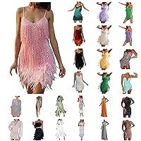 Sequin Dress for Women Party Night Cocktail Dress Fringe Feather Solid Mini Dress Sexy Spaghetti Strap Wedding Guest Dress