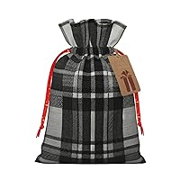 Augenstern Christmas Burlap Gift Bag With Drawstring Grey-Black-Tartan Reusable Gift Wrapping Bag Xmas Holiday Party Favors Bag Medium