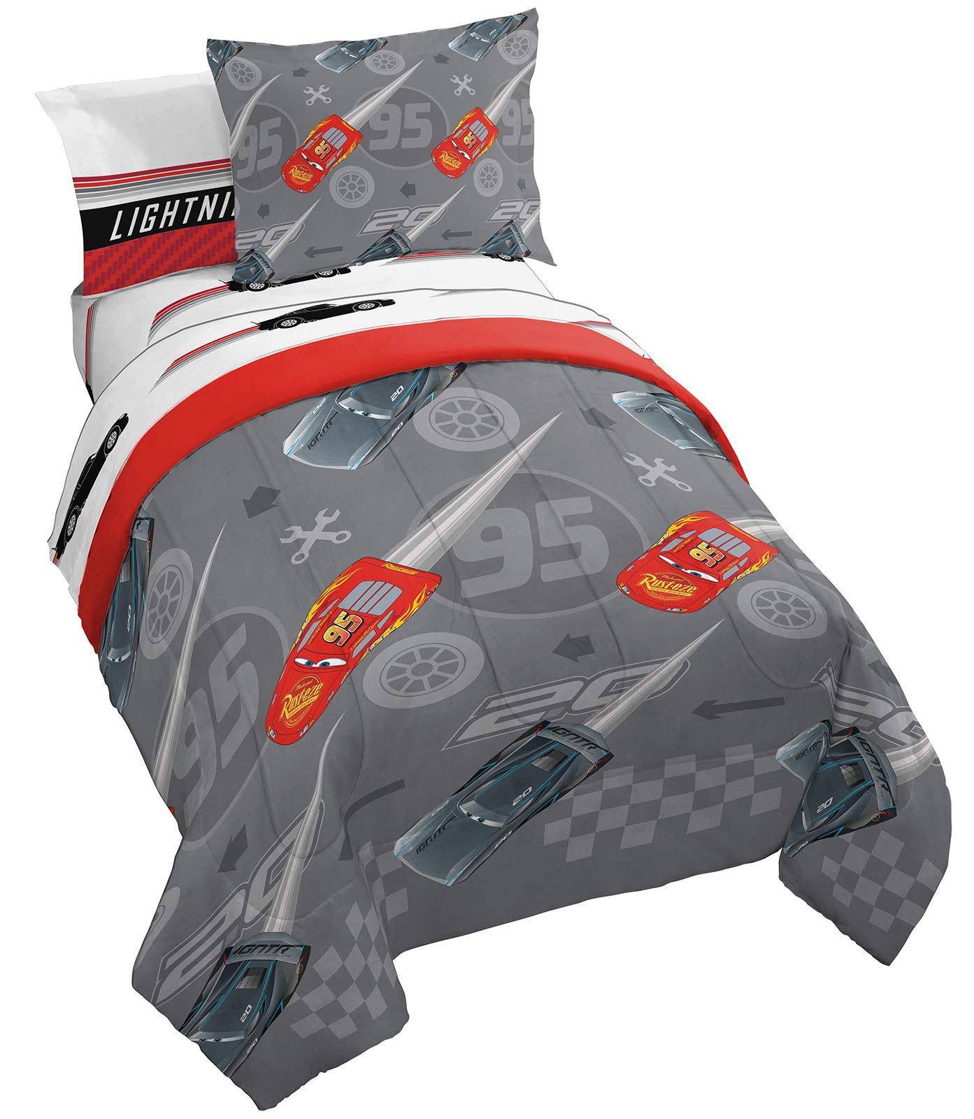 Disney Pixar Cars Lightening Speed 5 Piece Twin Bed Set - Includes Comforter & Sheet Set - Bedding Features Lightning McQueen - Super Soft Fade Res...