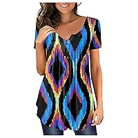 Women's Blouses,Plus Size Summer Tunic Short Sleeve Button V-Neck Top Sexy Printed Shirt Trendy Casual Tees