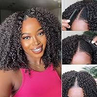Nadula V Part Kinky Curly Wigs Human Hair Upgraded U Part Clip in Half Wig Without Leave Out for Women 8A Remy Glueless Hair Affordable V Part Afro Curly Wigs 150% Density Natural Color 16inch