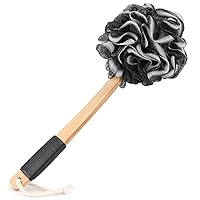 Black Loofah on a Stick PE Soft Mesh Luffa with Non-Slip Wooden Handle Made of Soft and Durable Rubber Material Back Scrubber for Shower for Women and Men with String for Easy Hanging