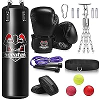 Seeutek 4FT Punching Bag for Adults, PU Heavy Bag Boxing Bag Set with 12OZ Boxing Gloves, Chain, Wraps for MMA Kickboxing Karate Thai Taekwondo Muay Home Gym Training (Unfilled)