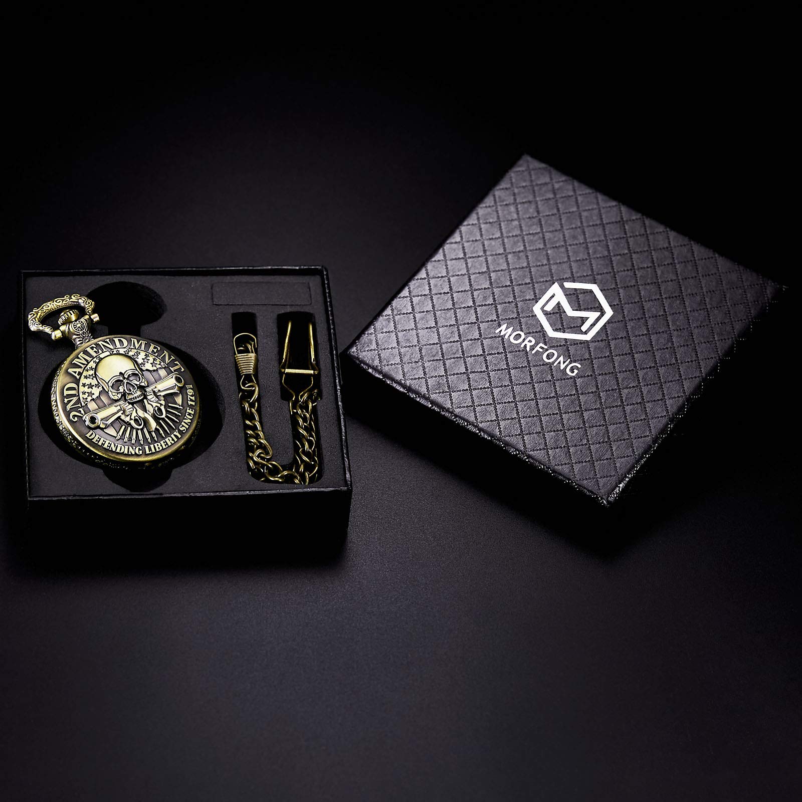 MORFONG Unisex Pocket Watch Quartz Skull Pattern Fob Watches Vintage Bronze with Chani & Box