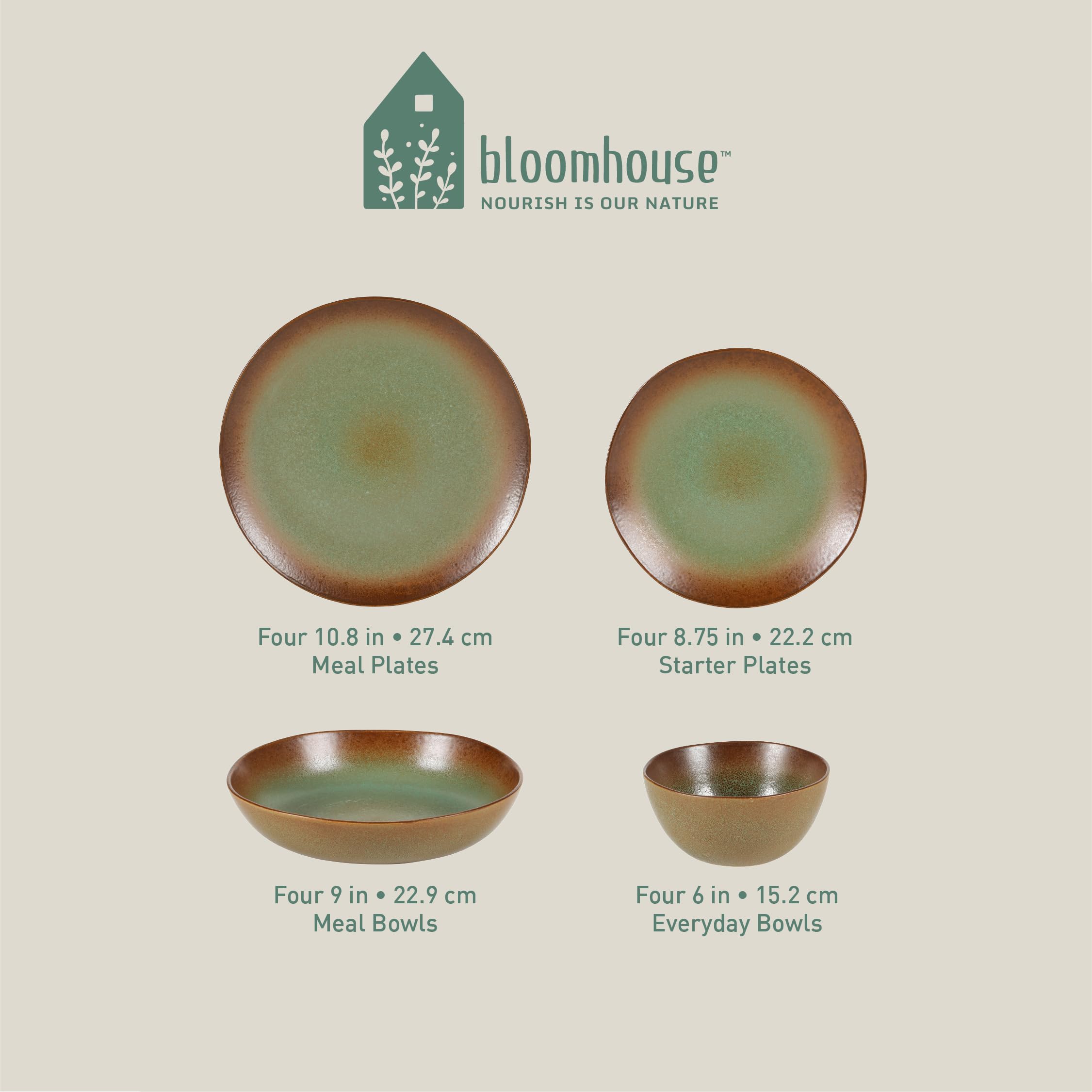 Bloomhouse Palermo Sun 16 Piece Double Bowl Stoneware Reactive Glaze Plates and Bowls Dinnerware Set - Cardamom Green