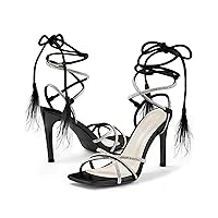 Womens Feather Strappy Heels Sandals Rhinestone Lace Up High Heels Sexy Summer Dress Shoes