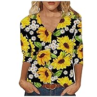 Womens Sunflower Print 3/4 Sleeve Casual T-Shirts Summer Loose Fitted Fashion V Neck Funny Tee Tops for Going Out