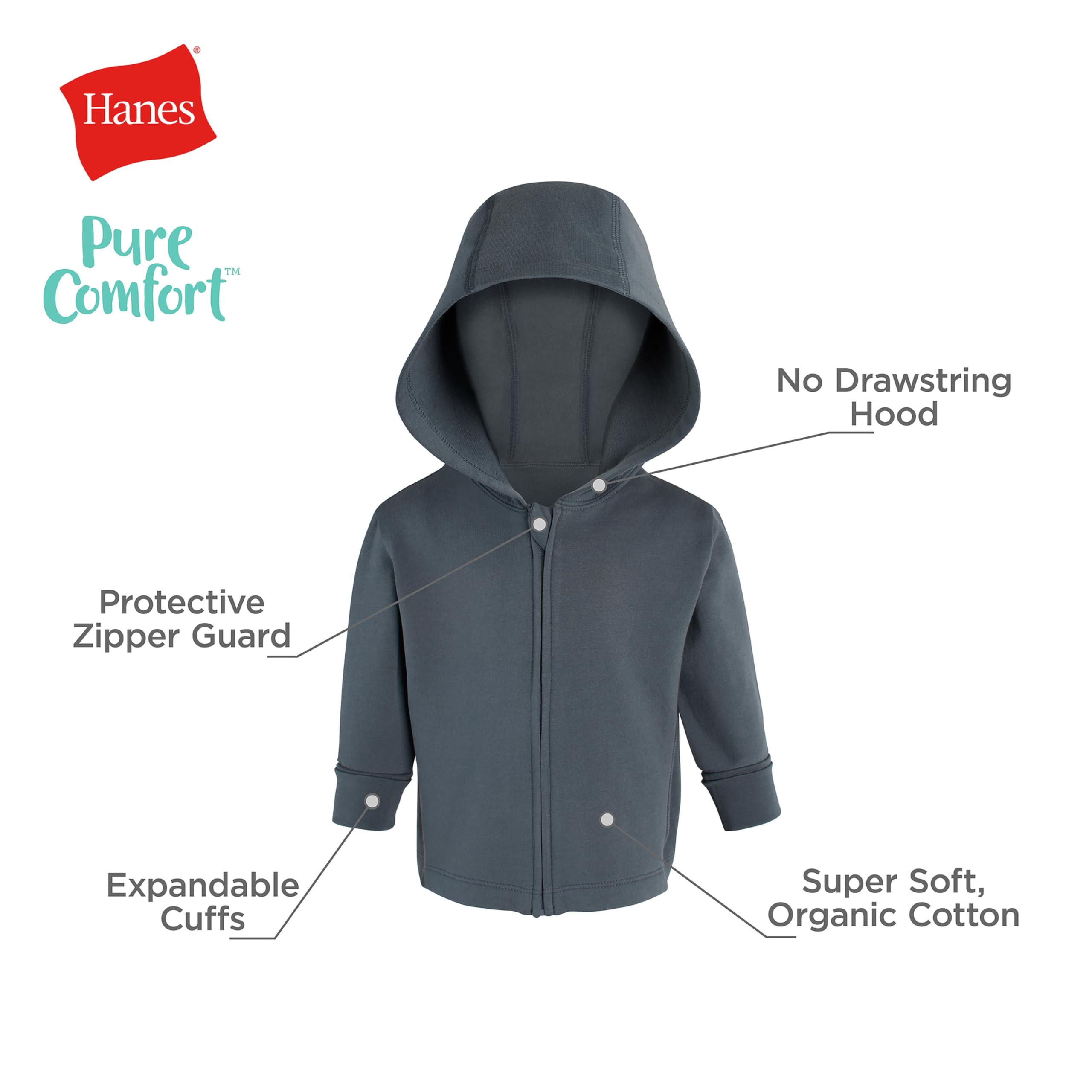 Hanes Baby Pure Comfort Organic Hoodie, French Terry Full-Zip Hooded Sweatshirt, Infant Boys & Girls