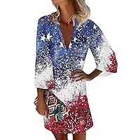 Red and White Dress for Women Patriotic Dress for Women Sexy Casual Vintage Print with 3/4 Length Sleeve Deep V Neck Independence Day Dresses Vermilion X-Large