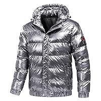 Metallic Shiny Hooded Puffer Jacket for Men Big and Tall Full Zip Hoodie Down Jacket Winter Bubble Jackets Padded Coat