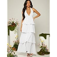 Dresses for Women Solid Layer Hem Halter Neck Backless Dress (Color : White, Size : Medium)