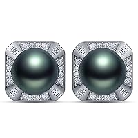 9 mm Tahitian Cultured Pearl and 0.33 carat total weight diamond accent Earring in 14KT White Gold
